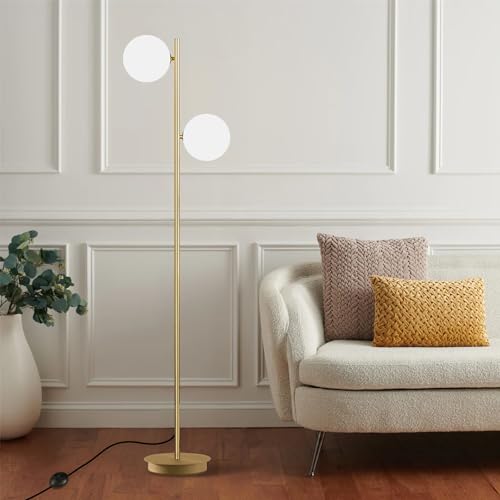 Image of 2 Light Mid Century Modern Floor Lamp for Living Room Retro Vintage Tall Standing Lamp with Frosted Glass Globe Shade Brass Floor Lamps for Office Hotel Bedroom