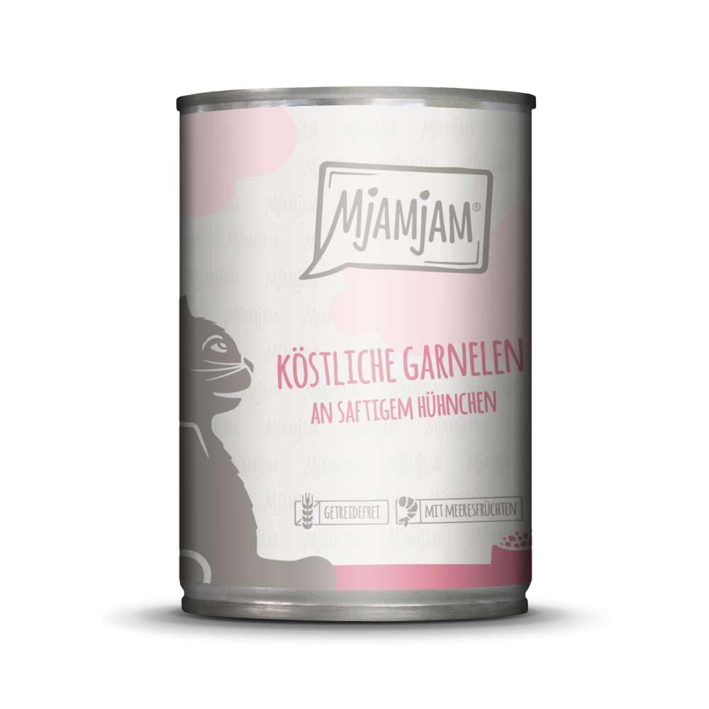 MjAMjAM - premium wet food for cats - delicious shrimp on juicy chicken, pack of 6 (6 x 400 g), grain-free with extra meat