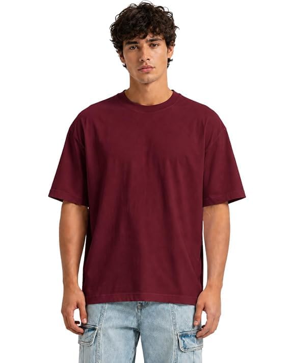 Image of VEL Plain Oversized 100% Pure Heavy Cotton Baggy Fit Drop Shoulder Half Sleeves Round Neck Solid Cotton T-Shirt for Men