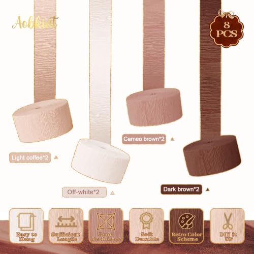 Image of AOBKIAT Brown Boho Themed Streamers Party Decorations,8 Rolls,Total 656ft | Retro Crepe Paper Streamers for Coffee Themed Party,Fall Wedding,Birthday,Baby Bridal Shower,Thanksgiving Day,Halloween