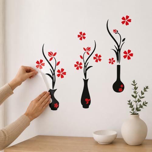 Image of DreamKraft Black Vase Red Floral Wall Sticker, Large PVC Vinyl Flower Vase Wall Decal for Bedroom, Living Room and Hallway Decor, 107 x 125 cm