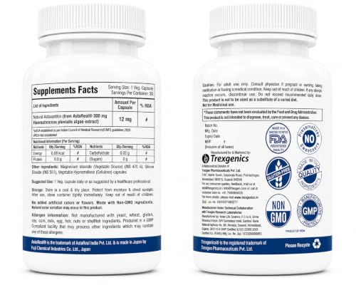 Image of Trexgenics ASTAREAL ASTAXANTHIN 12 mg from Japan (from 300 mg extract) Heart, Skin,Joint, Muscle, Eye, Exercise Support (30 Veg. Capsules) (12 mg (30 Capsules))