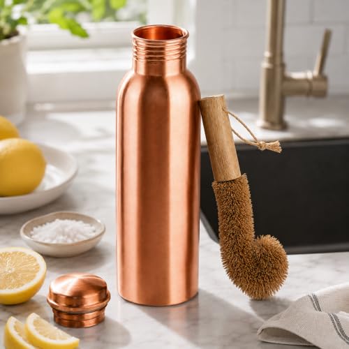 Image of Alpha Living Home Pure Copper Water Bottle 32 Oz Extra Large Wide Mouth Leak Proof Drinking Bottle with Brush, Ayurvedic Reusable Metal Bottle for Travel Office Gym, Pure Copper