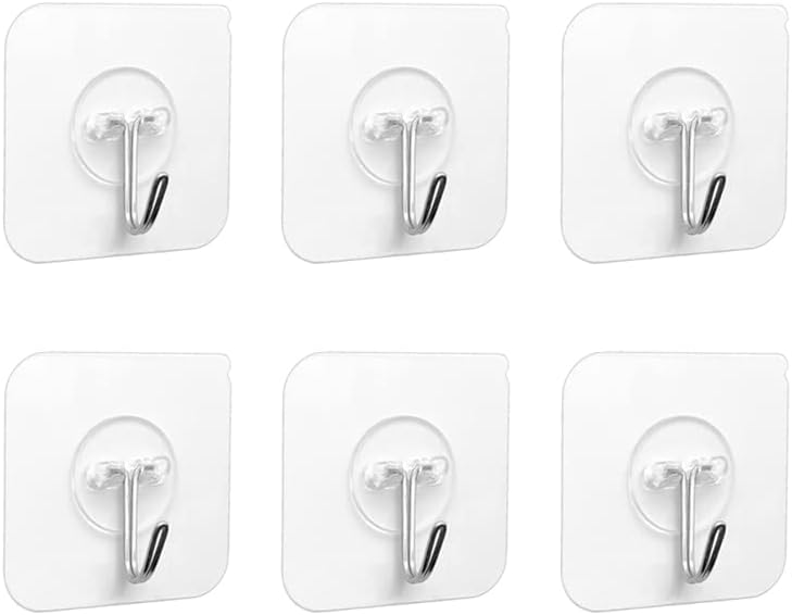 PaiLeWei 6 Pcs Adhesive Hooks - Clear Self Adhesive Plastic Sticky Hook 5Kg (Max),Wall, Stick on Hooks,Bathroom Hook, for Hanging,Key,Plug,Kitchen Utensils,Towel