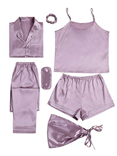 LYANER Women's Pajamas Set 7pcs Silk Satin Sleepwear Loungewear Cami Shirt Pj Set Purple Small