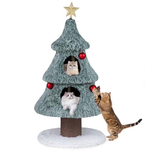 PETSITE 48.5 Inches Cat Christmas Tree Cute Cat Tower with Scratching Post 2 Comfy Condos and Decorative Festival Dangling Balls Star-Shaped Ornament Sits at The Top Soft Polar Fleece Covered