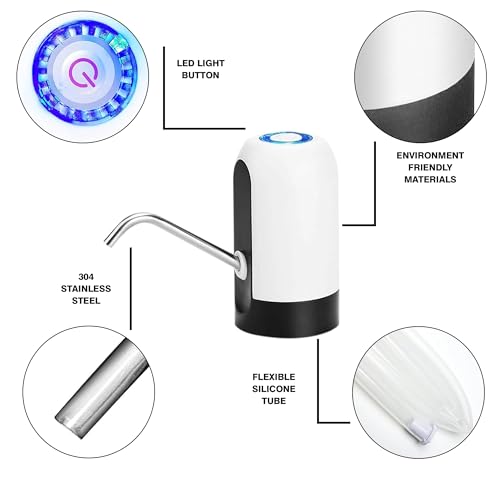 Image of Sulfar USB Charging Automatic Stainless-Steel Plastic Drinking Portable Electric Switch Water Dispenser for Universal 5 Gallon Bottle (7.5x13 cm) Black & White, 6 Liters
