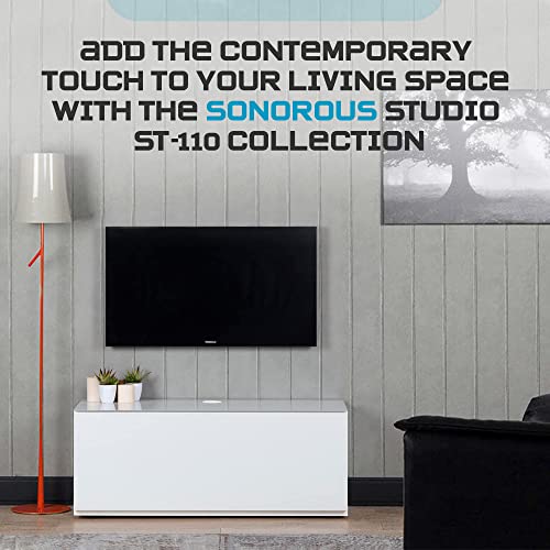 Image of SONOROUS ST-110 Premium TV Stand with White Glass & White Wood Cover - Modern Entertainment Center & Media Console for Living Room - TV Cabinet up to 65 Inch with Hidden Wheels - Sleek Storage Design