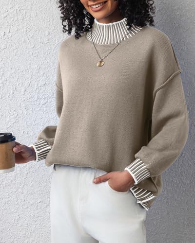 Image of CHYRII Women Fall Fashion 2024 Sweater Overiszed Batwing Long Sleeve Striped Turtleneck Pullover Sweater Tops Outfit