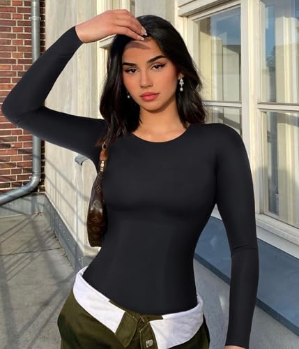 LODAY Long Sleeve Bodysuit Tummy Control Body Suits for Womens Slimming Crew Neck Bodysuits4