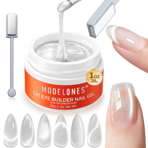 Image of modelones Cat Eye Builder Nail Gel with Magnet, Silvery Moonlight Magnetic Builder Hard Gel, Glitter Holographic Sheer for Nail Extensions Sculpting Apex Building, Self-Leveling, U V LED Cure 1oz
