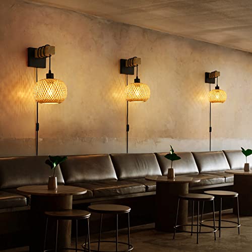 Image of Farmhouse Plug in Wall Light Fixture, Bamboo Rattan Wall Mounting Hanging Lamp for Bedroom, Living Room, Wood Beam Wall socnces with Plug in Cord