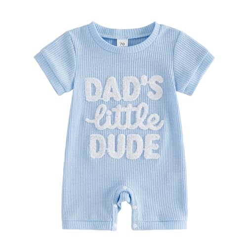 Sejardin Newborn Infant Baby Boy Summer Jumpsuit Letter Embroidery Short Sleeve Crew Neck Romper Waffle Outfit (Dads Little Dude Blue 3-6 Months)