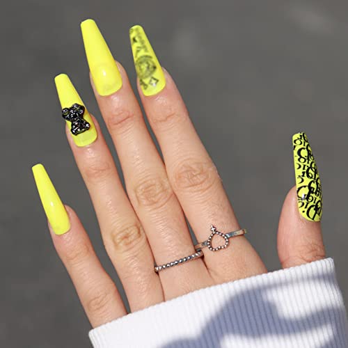 Misud Long Coffin Press On Nails French Yellow Fake Nails Ballerina Glossy False Nails Cool Graffiti Glue On Nails For Women And Girls #TOP1