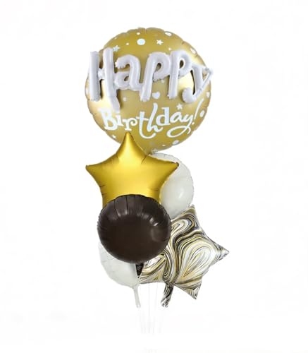 Image of Happy Birthday Balloon Bouquet, Gold White Black, Foil Balloons, Star and Marble Design, Party Decoration