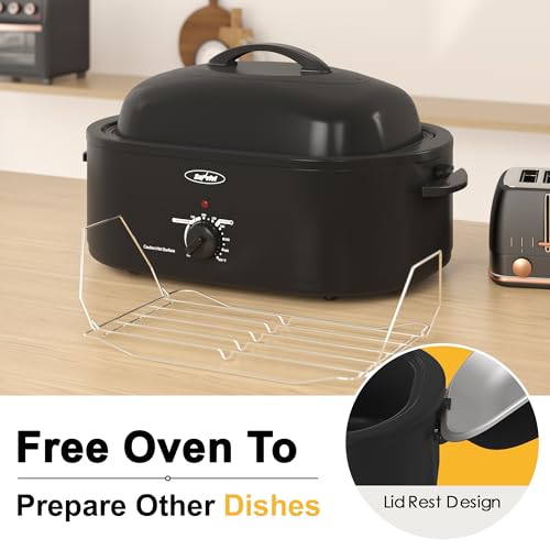 Image of Sunvivi 22lb 18-Quart Roaster Oven, Electric Roaster Oven with Self-Basting Lid, Turkey Roaster with Unique Defrost /Warm Function, Large Roaster with Removable Pan & Rack, Stainless Steel, Black