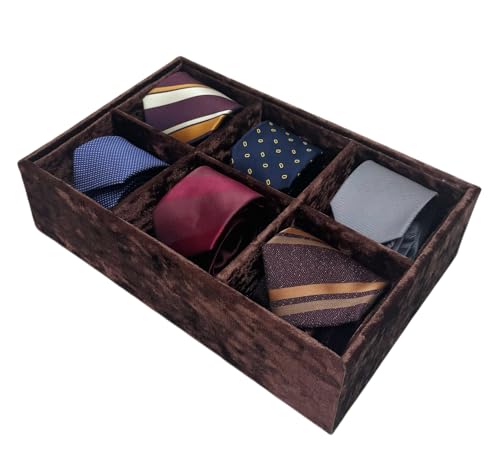 AgentMoon Luxury Velour Ties Storage Organizer with 6 Compartments,Dresser Drawer Wardrobe Storage Box for Headscarf and Belts,Bras, Bow Ties,Ribbons.12 x 8 x 3 inches. (Coffee)