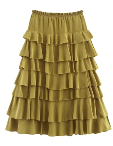 Shiyifa Womens Boho Maxi Skirt Trendy Ruffle Half Length Tiered Skirt A Line Flowy Elastic High Waist Dress