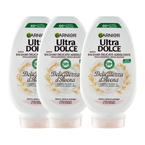 3X Confezione per Garnier Balsamo Ultra Dolce al Crema di Riso e Latte d'Avena, 3x250ml