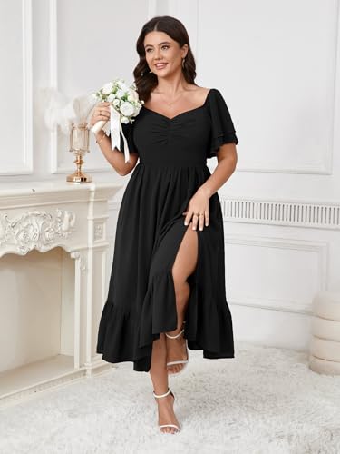 Image of SCOMCHIC Womens Plus Size Wedding Guest Cocktail Dresses Sweetheart Neckline Short Sleeve Smocked Ruffle Slit Maxi Dress