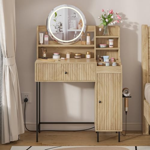 Jluomei Fluted Makeup Vanity Desk with Mirror and Lights, Modern