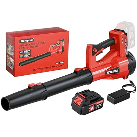 Hongmai Leaf Blower Cordless, 500 CFM 21V Electric Cordless Leaf Blower with 4.0Ah Battery and Charger, Lightweight, 6 Speed Modes, Leaf Blower for Lawn Care, Patio, Blowing Leaves and Dust (Red) Cover