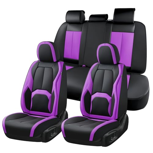 Image of Coverado Car Seat Covers Full Set, Waterproof Nappa Leather Seat Covers for Car, Car Seat Protector with Lumbar Support, Automotive Seat Covers Universal Fit for Most Cars SUV Trucks, (Black&Purple)