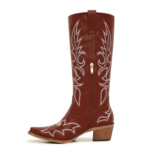 Image of Uillnoodu Women's Turquoise Cowgirl Boots - Wide Calf Mid Calf Western Boots Plus Size Embroidered Cowboy Style with Block Heel
