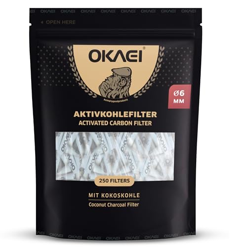 OKAEI Aktivkohlefilter 6 mm 250 Stück Slim Filter mit Aktivkohle aus Kokosschale mit Keramikkappen 26 mm Länge