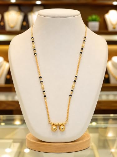 Image of 1 Gram Gold Plated Traditional Short Mangalsutra for Women| Daily Wear Short Tanmaniya With Black beads. 18 Inch Gold Plated Jewellery.