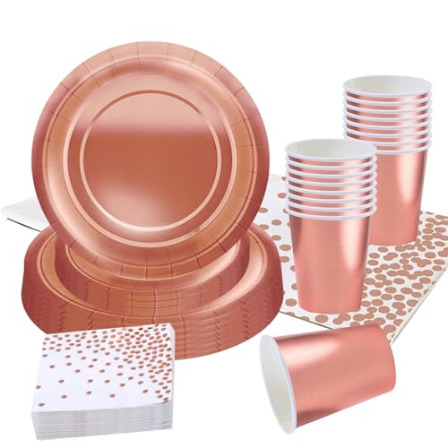 69 piezas de vajilla metálica de oro rosa, vajilla de fiesta de aluminio rosa metálico brillante, platos, tazas, servilletas y mantel para ella, suministros de fiesta de cumpleaños, decoración de mesa