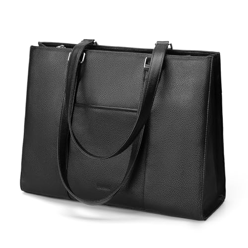befen Black Genuine Leather Tote Bag for Women Work, Womens Totes Purse Shoulder Bags with 15.6