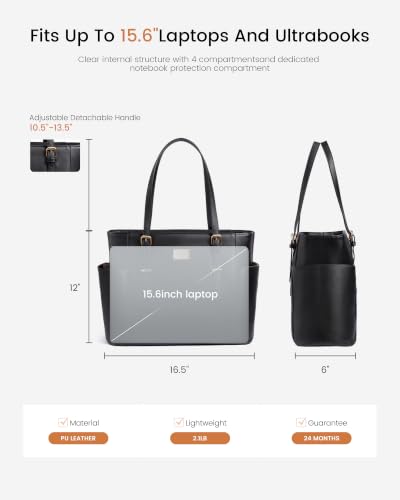 Image of LOVEVOOK Laptop Tote Bag for Women, Vintage Leather 15.6 Inch Work Tote with Large Water Bottle Pocket, Teacher Nurse Professional Computer Bag, Office Briefcase Handbag Gift, Black