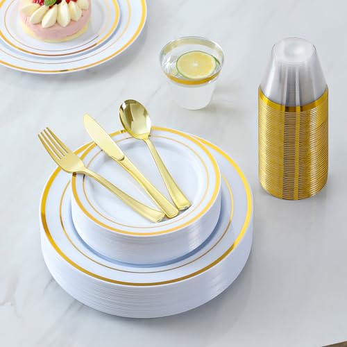 600 Pieces Gold Plastic Dinnerware for 100 Guests, Disposable Plastic Plates for Party Wedding Birthday, Includes 100 Dinner Plates, 100 Salad Plates, 100 Spoons, 100 Forks, 100 Knives, 100 Cups