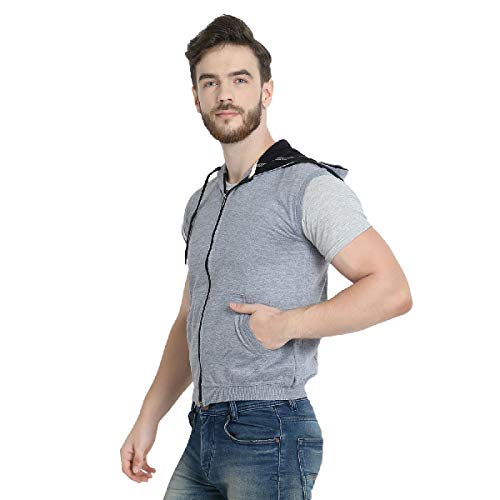 Image of Teemoods Men's Cotton Fleece Sleeveless Hooded Jacket - Casual Zip Up Vest for Gym Workout, Running, Aerobics, Yoga - Regular Fit with 2 Pockets
