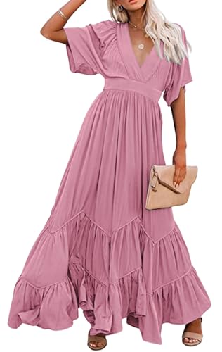 CHARTOU Women's Boho Ruffle Sleeve Flowy Maxi Dress Lace Up Back Tiered Party A Line Dress (XX-Large,Pink)
