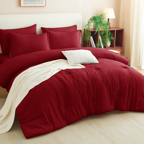 CozyLux Queen Comforter Set Dark Red, 7 Pieces Bed in a Bag Queen Size Comforter Set with Sheets, Bedding Sets with Down Alternative Comforter, Fitted Sheets, Flat Sheets, Pillow Shams and Pillowcases