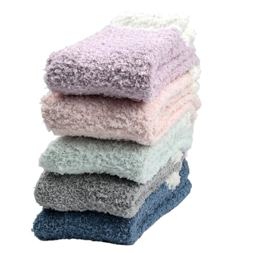 LINSOCLE 5 par fluffiga och gosiga strumpor för kvinnor, högkvalitativa varma, tjocka, luddiga strumpor, termiska vintersängstrumpor, extra mjuka och elastiska, en storlek EU 35–42