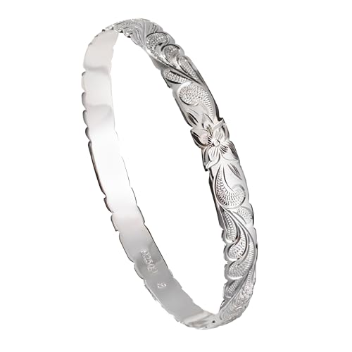 925 Sterling Silver Hawaiian Heirloom Scroll Plumeria Flower Cut Out Wave Edge Bangle Bracelet, Nickel Free Hypoallergenic for Sensitive Skin, Gift Box Included - Jewelry Gifts for Women Wife Mom Daughter (8mm Sterling Silver Plumeria, 7 Inches)