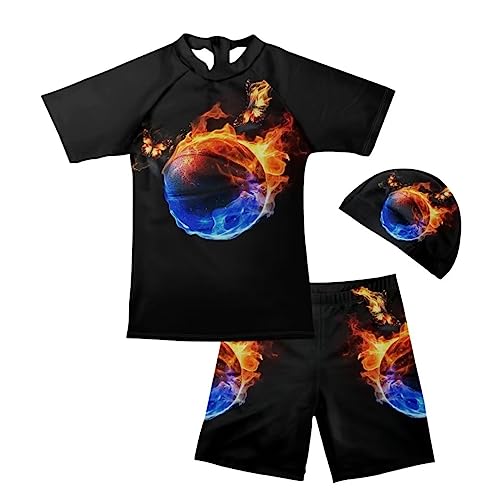 Youngerbaby Boys Swim Wear Rash Guard Swimsuits Kids Short Sleeve Sunsuit Sets with Swimming Cap…