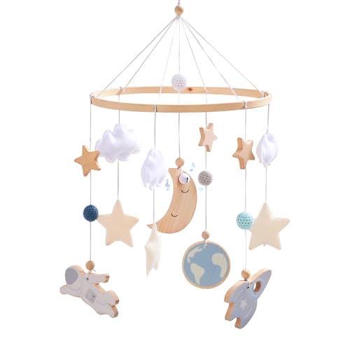 Image of JETMHH Baby Crib Mobile | Space Theme Nursery Mobile | Wooden Mobile for Crib | Astronaut Space Theme Nursery Bed Decoration | Gift for Newborn Nursery Decor