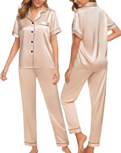 Image of SWOMOG Women Satin Pajamas Set Short Sleeve Top & Pants Sleepwear Silky Button Down Nightwear 2pcs Loungewear Pjs Set