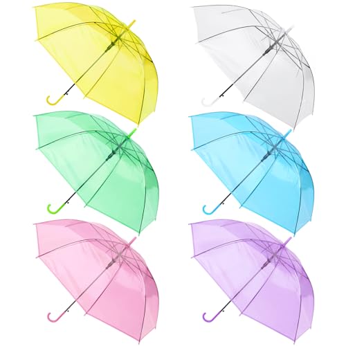 6 Pack Clear Umbrella Bulk Colorful Transparent Rain Umbrellas Windproof