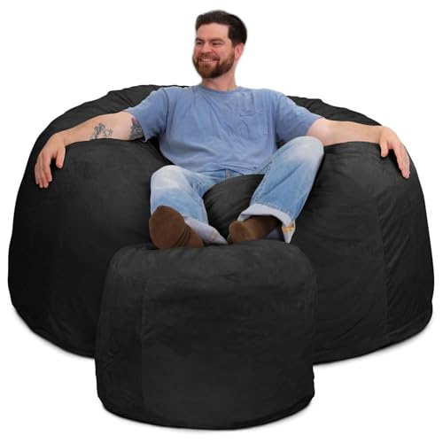 Image of ULTIMATE SACK 5000 5-Foot Bean Bag Chair with Footstool, Charcoal Fur Cover - Oversized Foam Lounger, Floor Seat, Small Sofa, or Couch Bed for Living Area, Gaming Room, or Reading Lounge