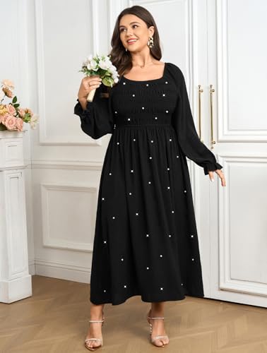 SCOMCHIC Women's Plus Size Maxi Dress Long Sleeve Pearl Square Neck Flowy A Line Wedding Guest Dresses4