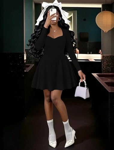 IWD Women's Square Neck Long Sleeve Mini Dress Ruched Corset Waist Tiered Ruffle Hem A Line Short Party Dresses4