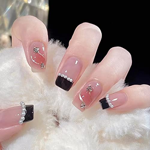 24 Pcs French Tip Press on Nails Square Medium Pearl Fakes Nail Line Full Cover Acrylic Glue on Nails with Rhinestone Glitter Design French Black Nail Short Artificial Nails for Women Girls