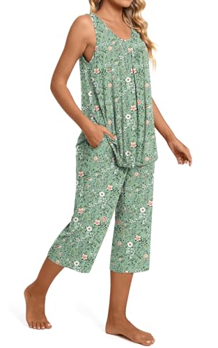 Image of TAOHUADAO Womens Summer 2 Piece Pajama Sets, Sleeveless Tops with Capri Pants, Lounge Ladies Pjs Sets with Pockets
