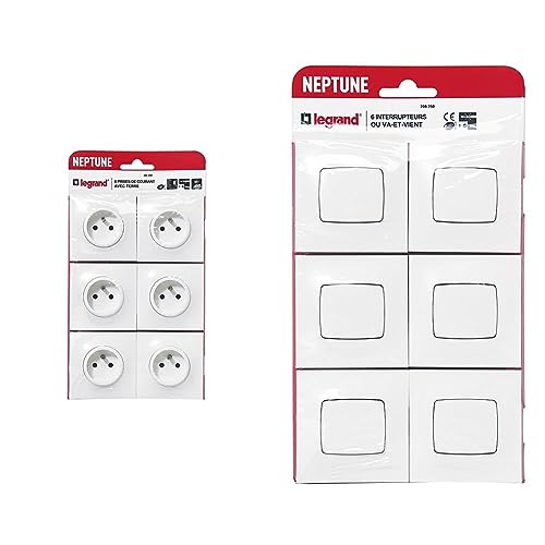 Legrand - Lot de 6 prises de courant avec terre Neptune - Blanc & - Lot de 6 interrupteurs ou va-et-vient Neptune - Blanc
