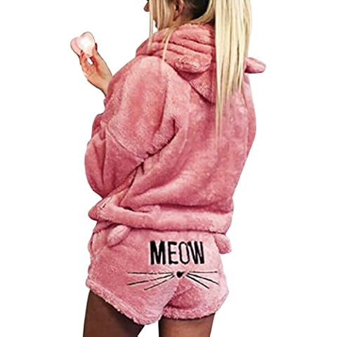 Nadeer Pajamas Set Women, Fleece Long Sleeve Cat Ear Shorts Suit Winter Warm Hooded Nightwear Ladies Cute Cat Embroidery Sleepwear Soft Pyjama 2Pcs Pjs Loungewear,Pink,L Cover